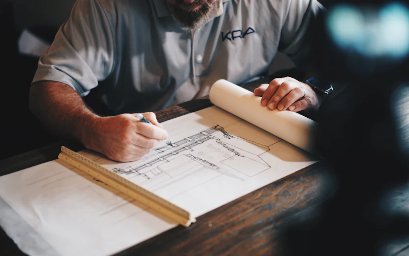 Engineer marking a floor plan at a drafting table