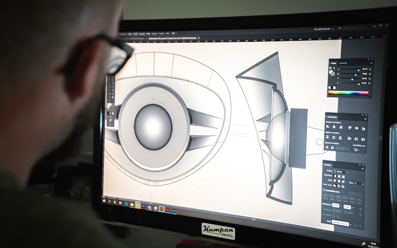 Product designer reviewing a 3D model of a mechanical part